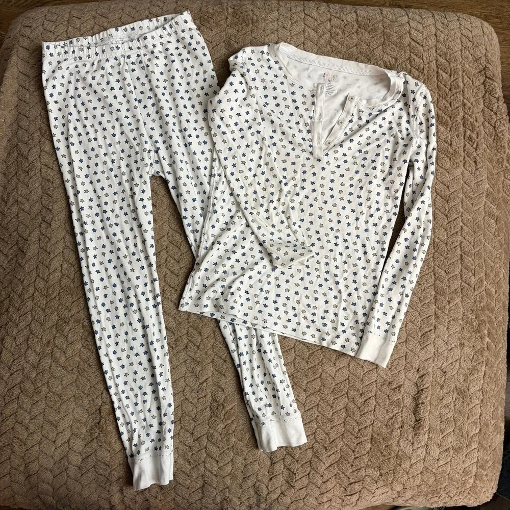 Roller Rabbit Pajama Set Size 10 White Blue Star Pima Cotton Henley Snug Fit